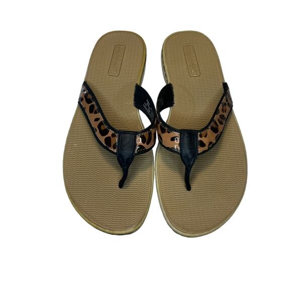 Sperry Top Sider Leather Flip Flop Sandals Tan Black Leopard Print Size 8m Comfy - Picture 1 of 15